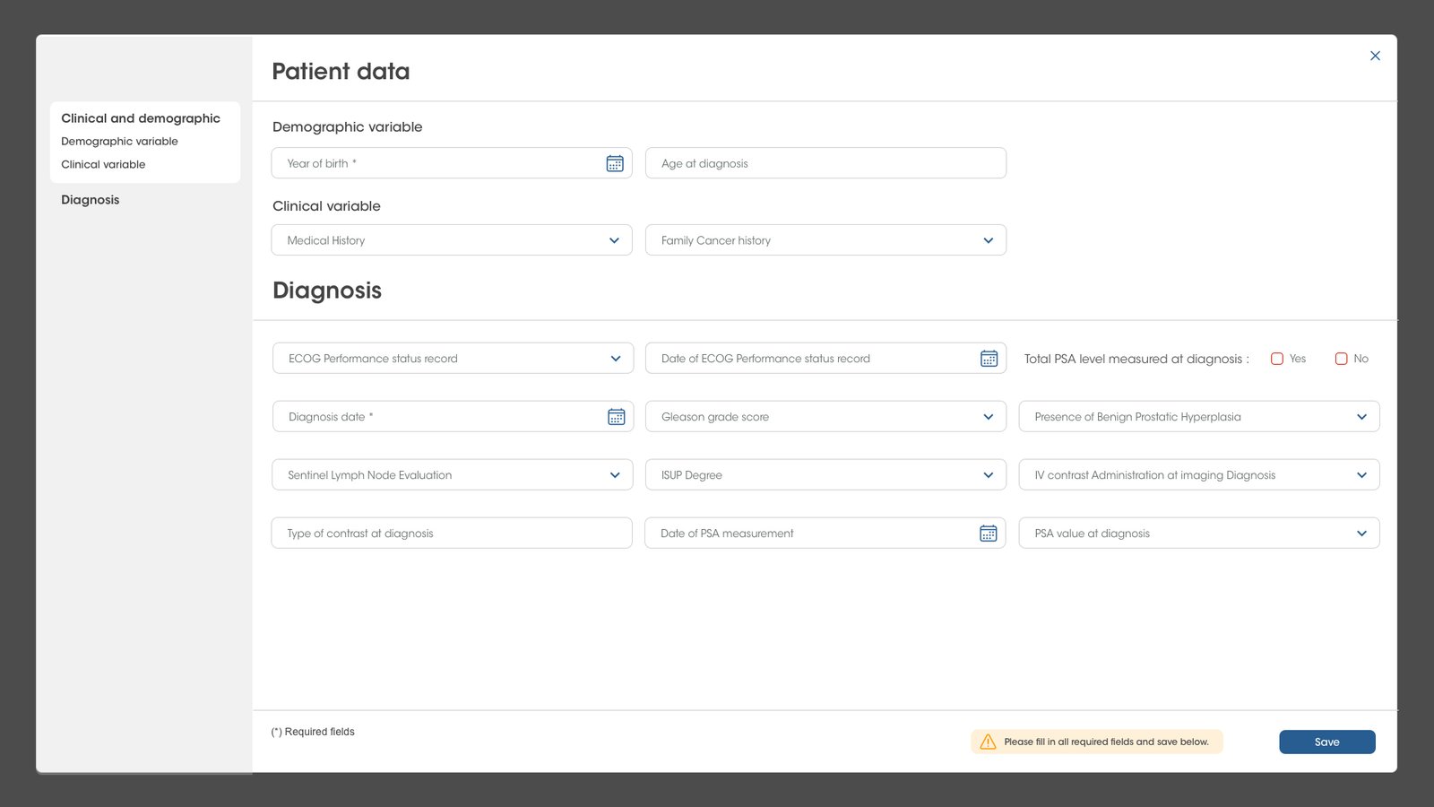 Example of an eCRF integrated in QP-Discovery for localized prostate cancer